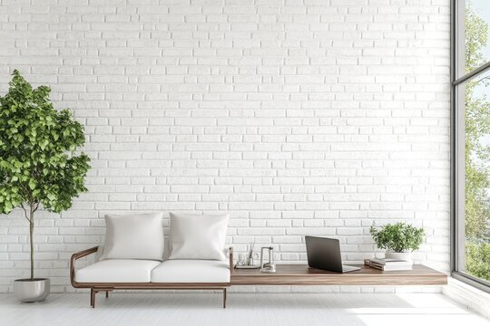 Minimalist living room, white brick wall, laptop, sunlight, modern design, interior design