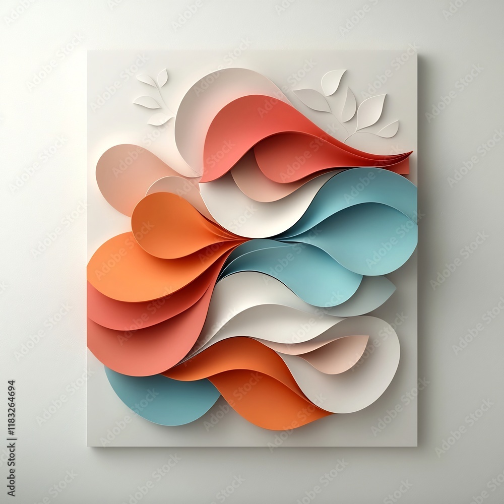 Poster pastel toned abstract geometric composition with interlocking organic patterns and waves 3d digital 