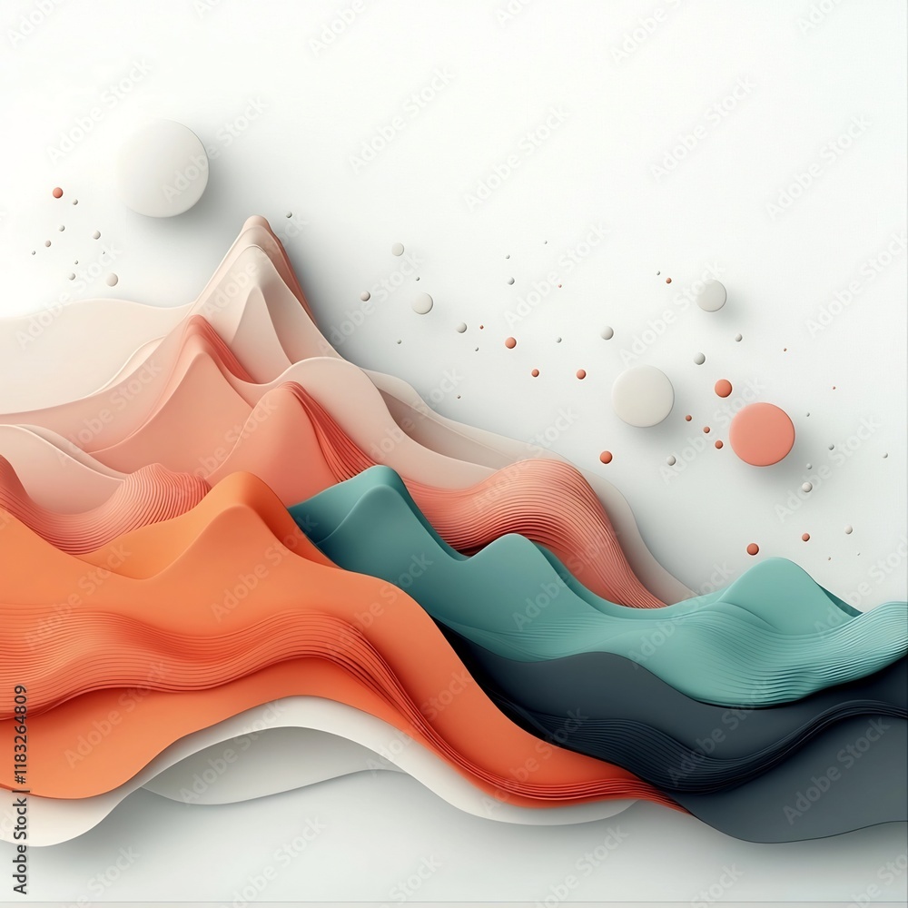 Poster Brooding Pastel Mountainscape A Captivating 3D Digital Art Backdrop with Serpentine Lines Fluid Dots and a Pristine White Setting for Visually Striking Minimalist Compositions