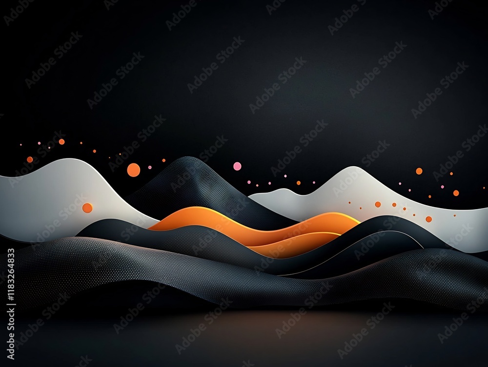 Poster Mesmerizing abstract landscape with a rhythmic wave pattern of pastel dots and lines flowing across a mountainous terrain set against a dark backdrop in a clean high definition digital environment