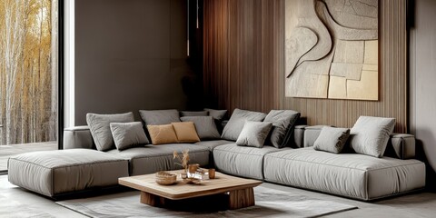 Modern luxury living room, minimalist interior design, large sectional sofa, gray upholstery, abstract wall art, wooden accent wall, circular coffee table, ambient lighting, neutral color palette, tex