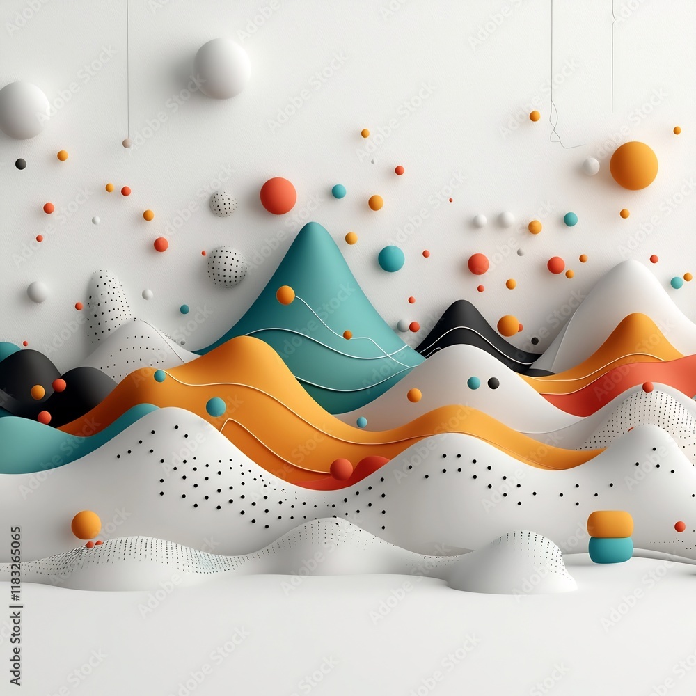 Poster undulating waves of pastel dots and lines flowing across pastel hued mountainous terrain creating a 