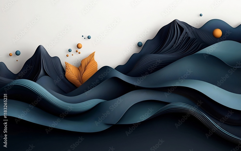 Poster moody abstract 3d digital art with soft pastel dots and dynamic lines creating a wave like mountain 