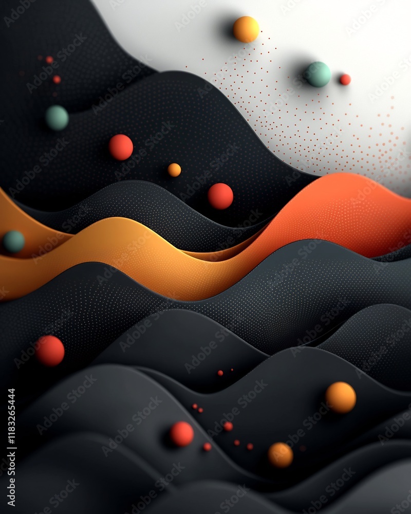 Poster serene abstract digital art background featuring a dark landscape with pastel colored dots and dynam