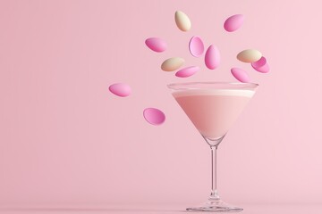 A refreshing pink cocktail garnished with colorful petals against a soft pink background.