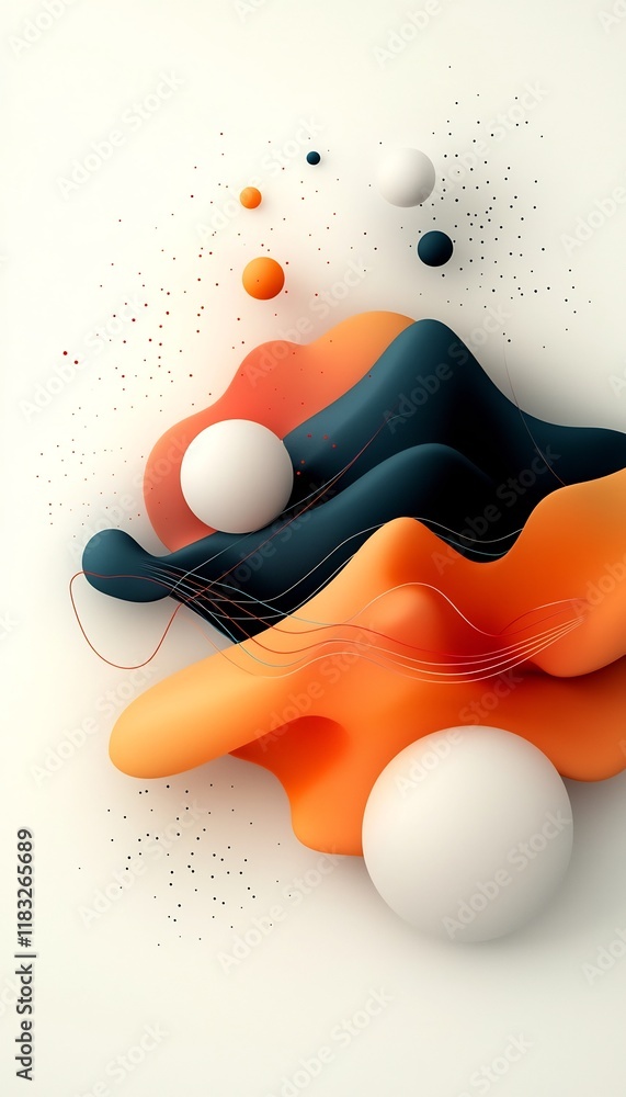 Poster vibrant pastel waves of dynamic geometric shapes including curves dots and lines traversing mountain
