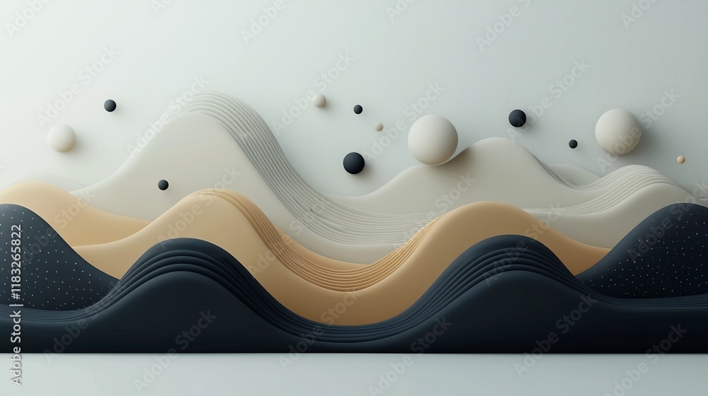Poster pastel colored abstract waves and dots creating a mesmerizing 3d mountain landscape on a clean white