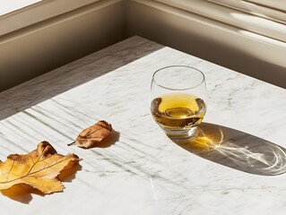 Create a minimalist composition featuring a glass cup filled with bright orange liquid, set against a glossy white surface. The cup has a bold geometric logo printed on it. Strong, angular highlights 