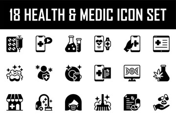 set of 18 medical icons. heartbeat, pulse, drug, icon set, health care, insurance, pharmacy
