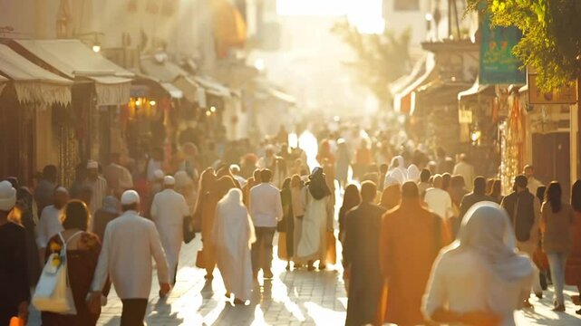 Crowd of people walking street