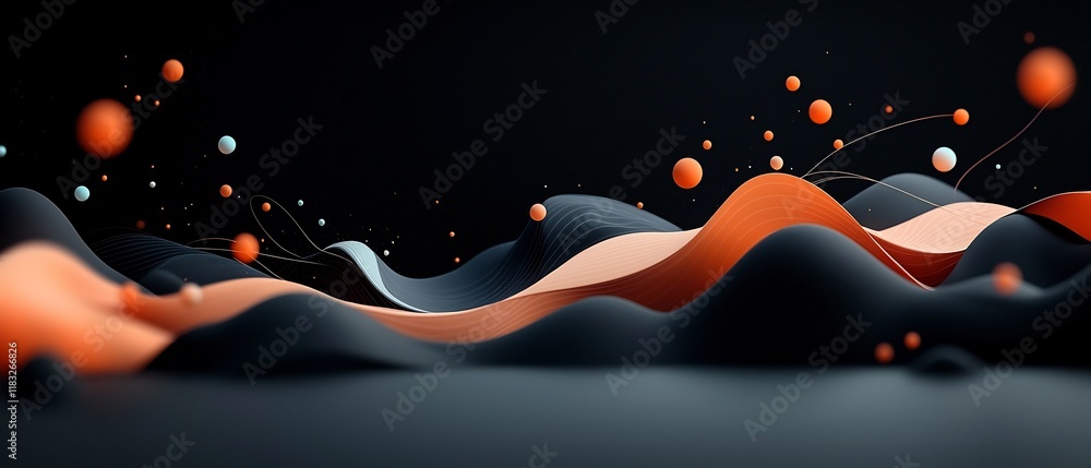 Poster ethereal abstract dark background with pastel colored dots and flowing lines generating a wave like 