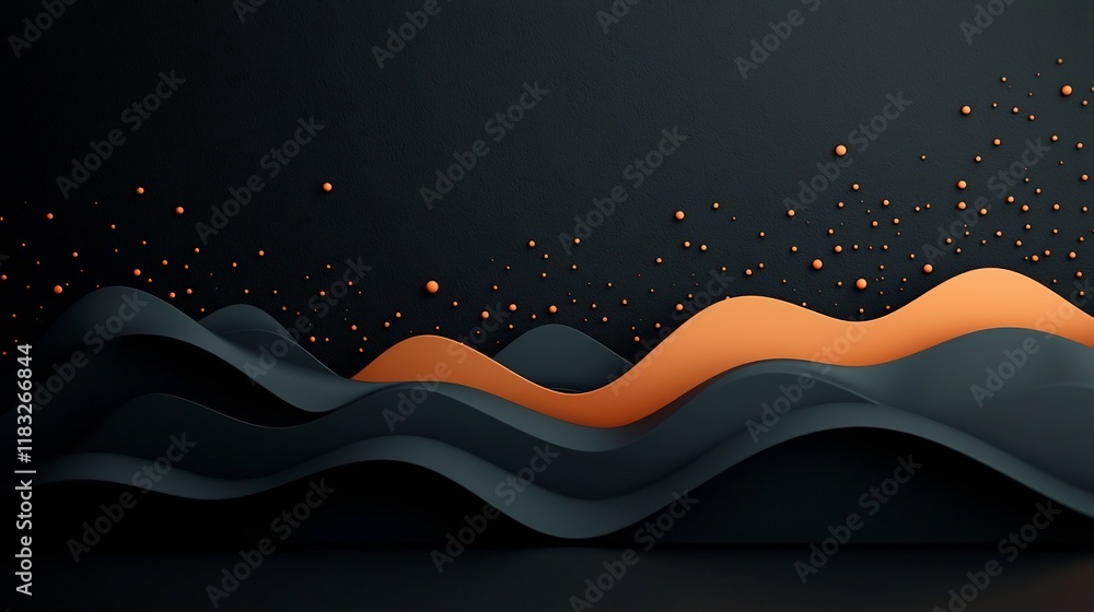 Poster Captivating 3D rendered abstract landscape with a wave like pattern of pastel dots and lines against a dark moody background creating a serene and contemplative minimalist mountainscape