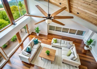 Modern Living Room with White Ceiling Fan, Vaulted Wood Ceiling, and Copy Space