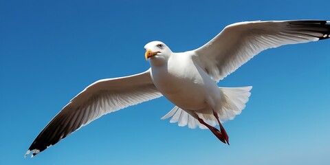 Fototapeta premium Dove Soaring with Wings Open in Blue Sky,Majestic white dove soaring gracefully against a clear blue sky. Generative AI 858