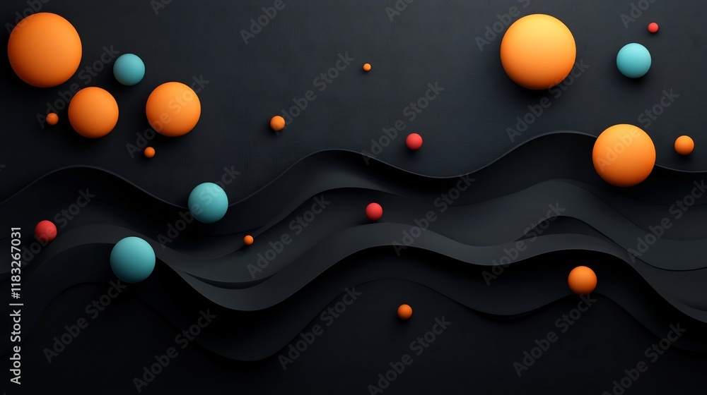 Poster pastel dots and lines create captivating 3d wave pattern on dark abstract landscape with mountainous