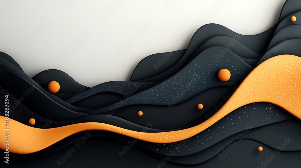 Poster surreal and minimalist 3d rendering of an abstract landscape featuring a dark background with flowin