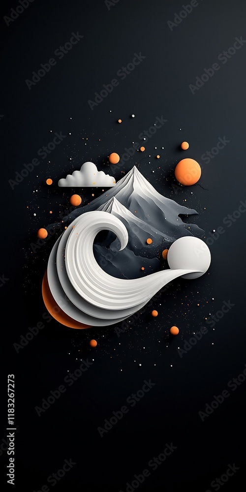 Poster captivating minimalist abstract landscape with pastel dots and sweeping lines forming a wave shaped 