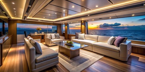 Modern Luxury Yacht Interior: Sleek Design & Comfortable Amenities - Stock Photo