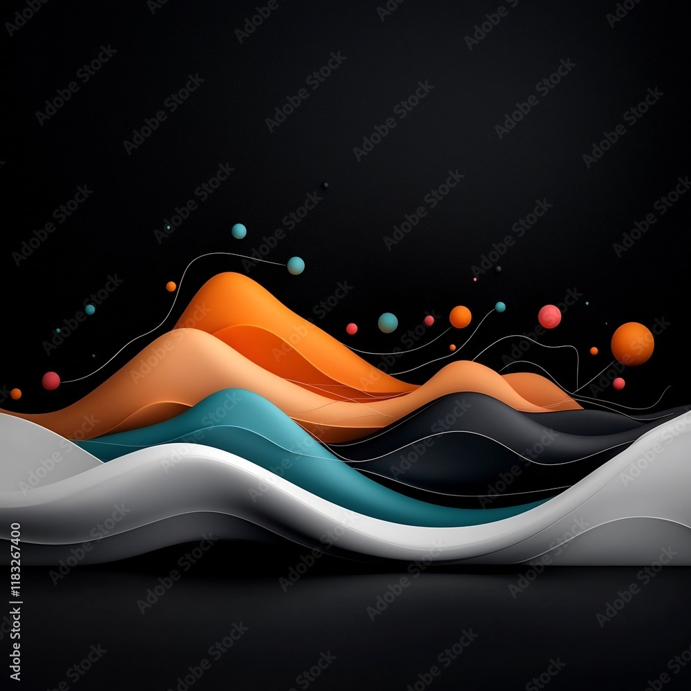 Poster dreamlike abstract dark canvas with pastel colored dots and sweeping lines forming a wave patterned 