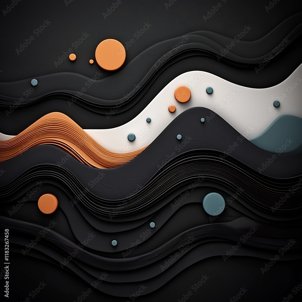 Poster moody abstract mountainous landscape with pastel colored dots and sweeping lines forming a wave patt