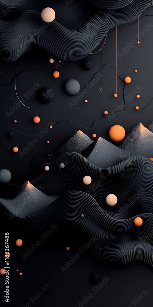 Poster ethereal abstract dark black environment with pastel colored dots and undulating lines composing a w