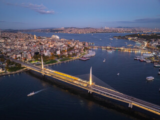 Halic Subway Bridge in the Sunset Drone Photo, Golden Horn Eminonu, Fatih Istanbul, Turkiye (Turkey)