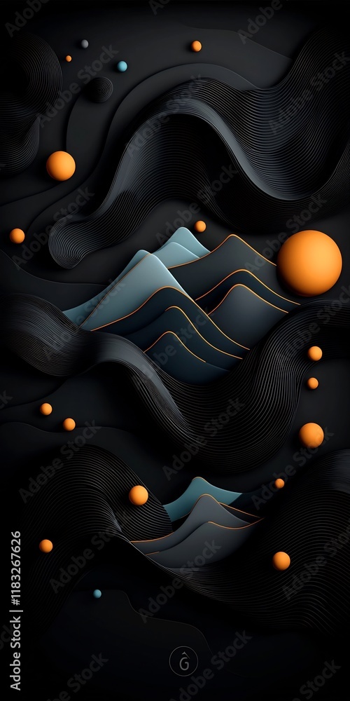 Poster ethereal abstract dark environment with pastel colored dots and undulating lines composing a wave pa
