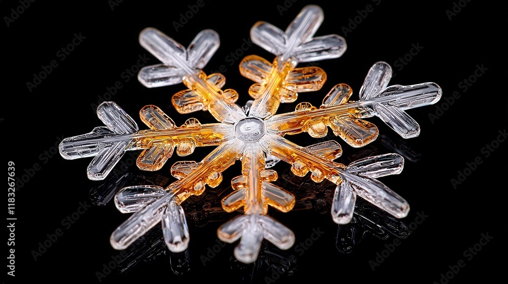 Poster extreme macro shot of a snowflake on dark background, intricate crystalline structure visible, shall