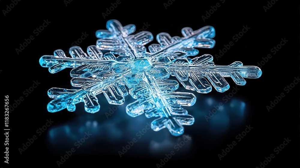 Poster extreme macro shot of a snowflake on dark background, intricate crystalline structure visible, shall