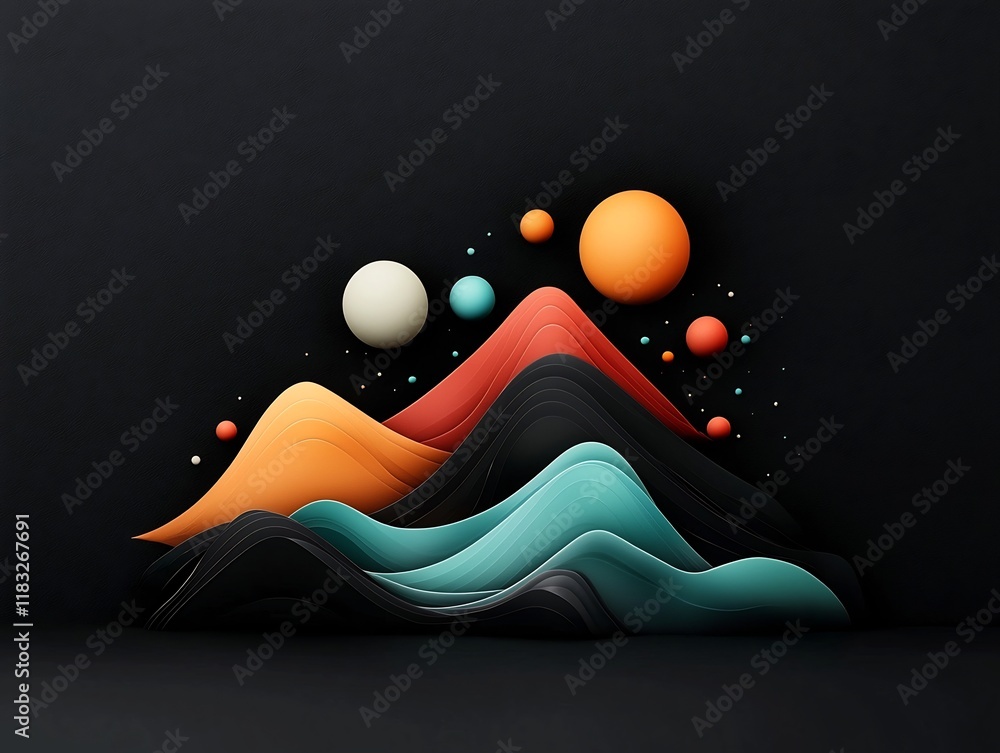 Poster tranquil abstract dark black environment with pastel colored dots and undulating lines composing a w