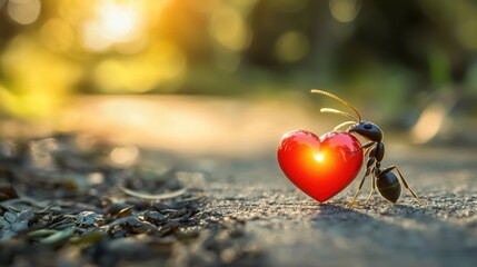 Ant carrying heart symbolizes love in nature outdoor setting close-up perspective