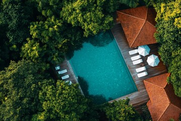 Naklejka premium A serene pool glistens under the midday sun, framed by vibrant green foliage. Luxurious loungers and umbrellas invite relaxation in this tranquil tropical resort setting