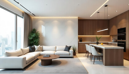 Fototapeta premium Modern living room design urban apartment interior photography cozy environment wide angle view minimalist concept
