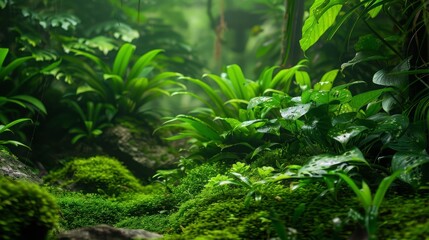 Fototapeta premium Lush Green Tropical Rainforest with Vibrant Foliage, Light Filtering Through Dense Canopy, Beautifully Moist Environment, Nature's Serenity and Refreshing Beauty