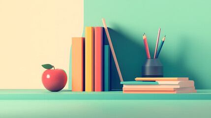 Fototapeta premium There is a stack of books and apples on the table, as well as stationery 