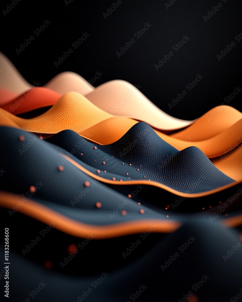 Poster mesmerizing pastel colored dots and dynamic lines generate a wave like effect across a serene mounta