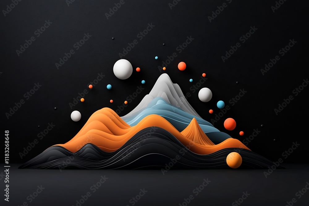 Poster serene abstract dark environment with pastel colored dots and undulating lines composing a wave patt