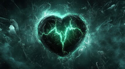 Obraz premium Glowing Heart Energy Abstract Art: Teal Electric Heart in Dark Nebula