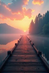 Fototapeta premium Wooden dock extends into a mysterious mist-shrouded lake at sunrise, fog, vastness