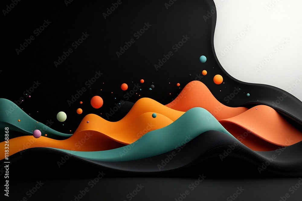 Aufkleber dreamlike abstract digital art featuring a dark black canvas with pastel colored dots and sweeping l
