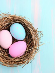 Fototapeta premium Colorful Easter eggs nestled in a natural nest on a pastel background, symbolizing spring and new beginnings.