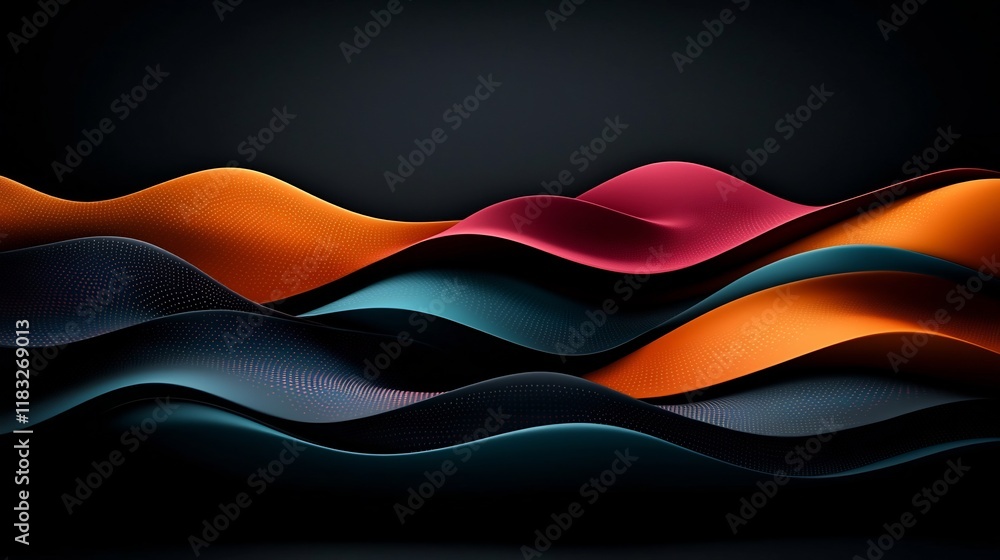 Poster surreal and minimalist landscape with abstract pastel colored mountain waves lines and dots creating