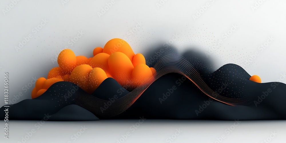 Poster dreamlike abstract background with pastel dots and dynamic lines creating a wave shaped mountain sce