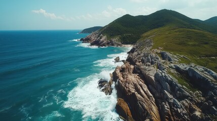 Waves crashing on the rocky cliffs of Arraial do Cabo 