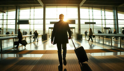 Business traveler departure at airport stunning sunrise high-quality image modern environment captivating view