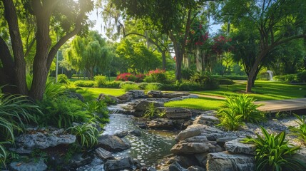 Peaceful Garden Oasis with Flowing Stream, Lush Greenery, Vibrant Flowers, and Sunlight Filtering Through Leaves in a Tranquil Nature Setting