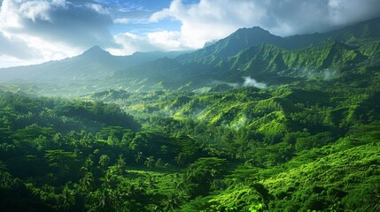 Fototapeta premium Lush Green Mountains Under a Dramatic Sky with Clouds and Sunlight Casting Shadows Over a Verdant Landscape of Tropical Forests and Rolling Hills