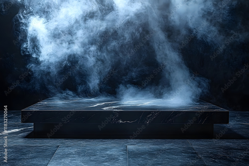 Poster a dark room with a black stone floor and an empty black marble table is filled with smoke, creating 