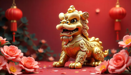 Fototapeta premium Golden lion dance figurine celebration chinese new year digital art festive environment close-up cultural symbolism