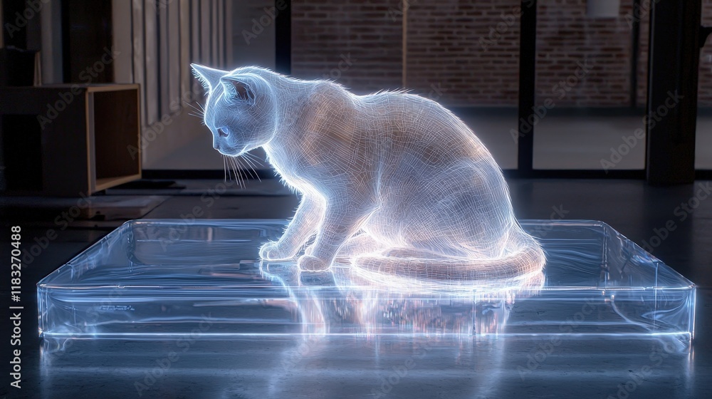Poster a glowing, holographic cat sits on a transparent surface, creating a surreal and ethereal atmosphere